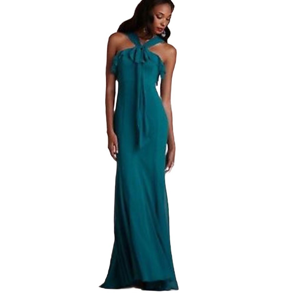 New Quillaree x BHLDN Wind Wave 2 / XS Green Teal Chiffon Ruffled Formal Gown